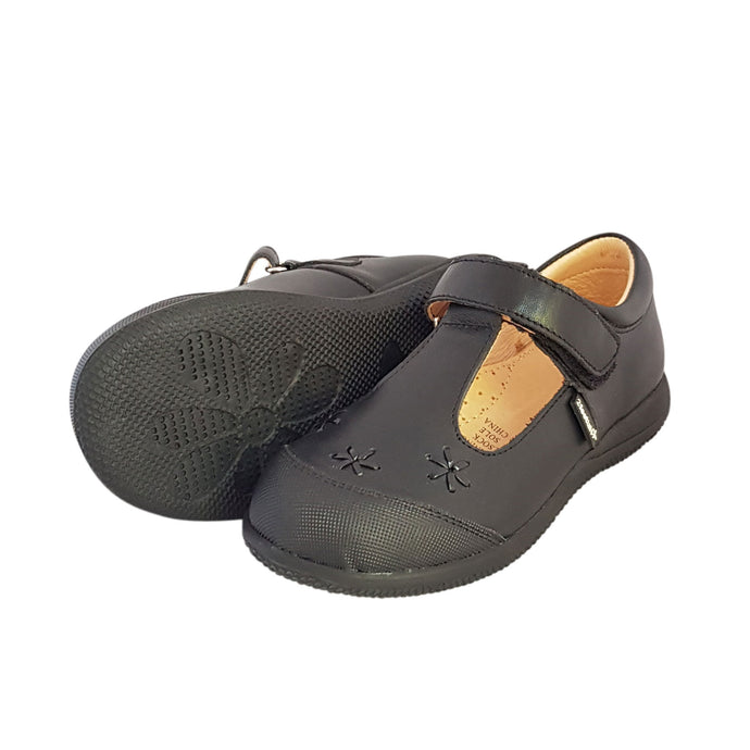 2FeetTall | Girls black leather T-bar School Shoes side on