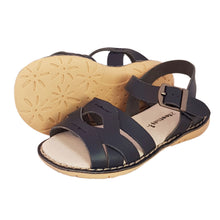 Load image into Gallery viewer, 2FeetTall | Girls navy Coast leather sandals side on