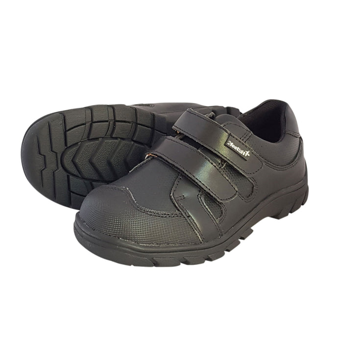 2FeetTall | Boys black leather velcro School Shoes side on