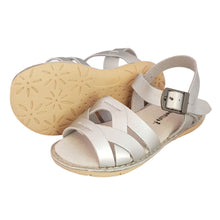 Load image into Gallery viewer, 2FeetTall | Girls silver Coast leather sandals side on