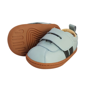 2FeetTall | Blue leather first walker velcro sneakers with rubber sole side on