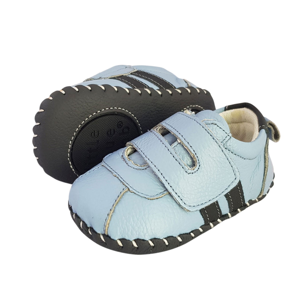 2FeetTall | Blue leather baby velcro sneakers side on
