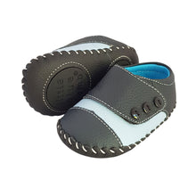 Load image into Gallery viewer, 2FeetTall | Blue leather and suede baby shoes side on