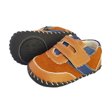 Load image into Gallery viewer, 2FeetTall | Brown and blue leather and suede baby shoes side on